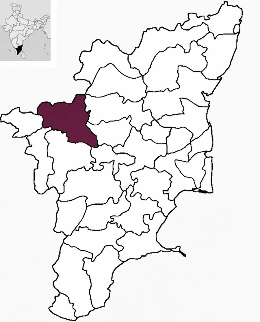 Map of Tamil Nadu with Erode highlighted in dark plum