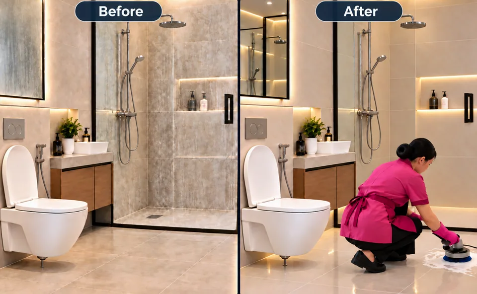 Before and after intense bathroom cleaning
